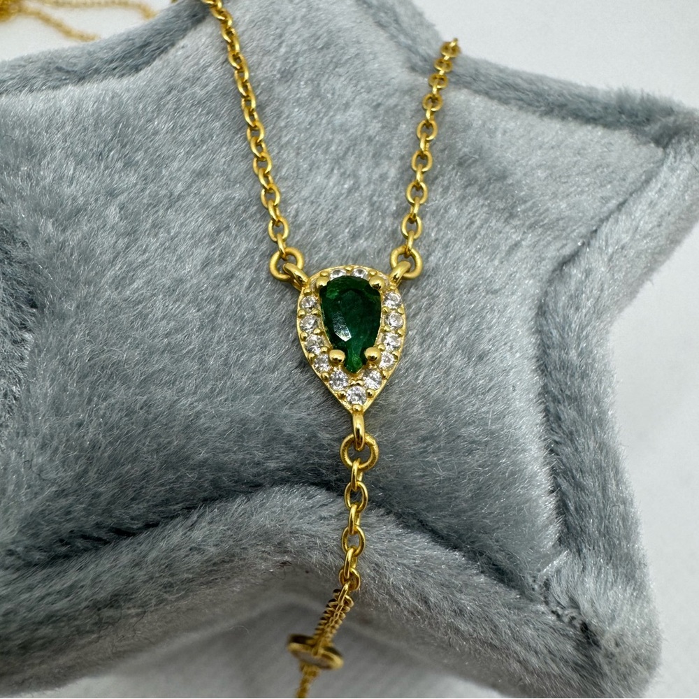 Gold Vermeil Clear CZ + Green Emerald CZ Lariat 16” Like-new